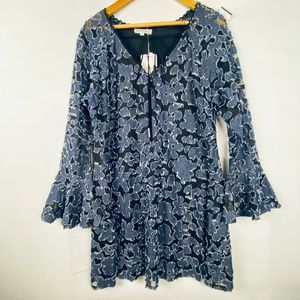 Adore Sz: L long sleeve mini dress layered sheer blue denim Boho NWT